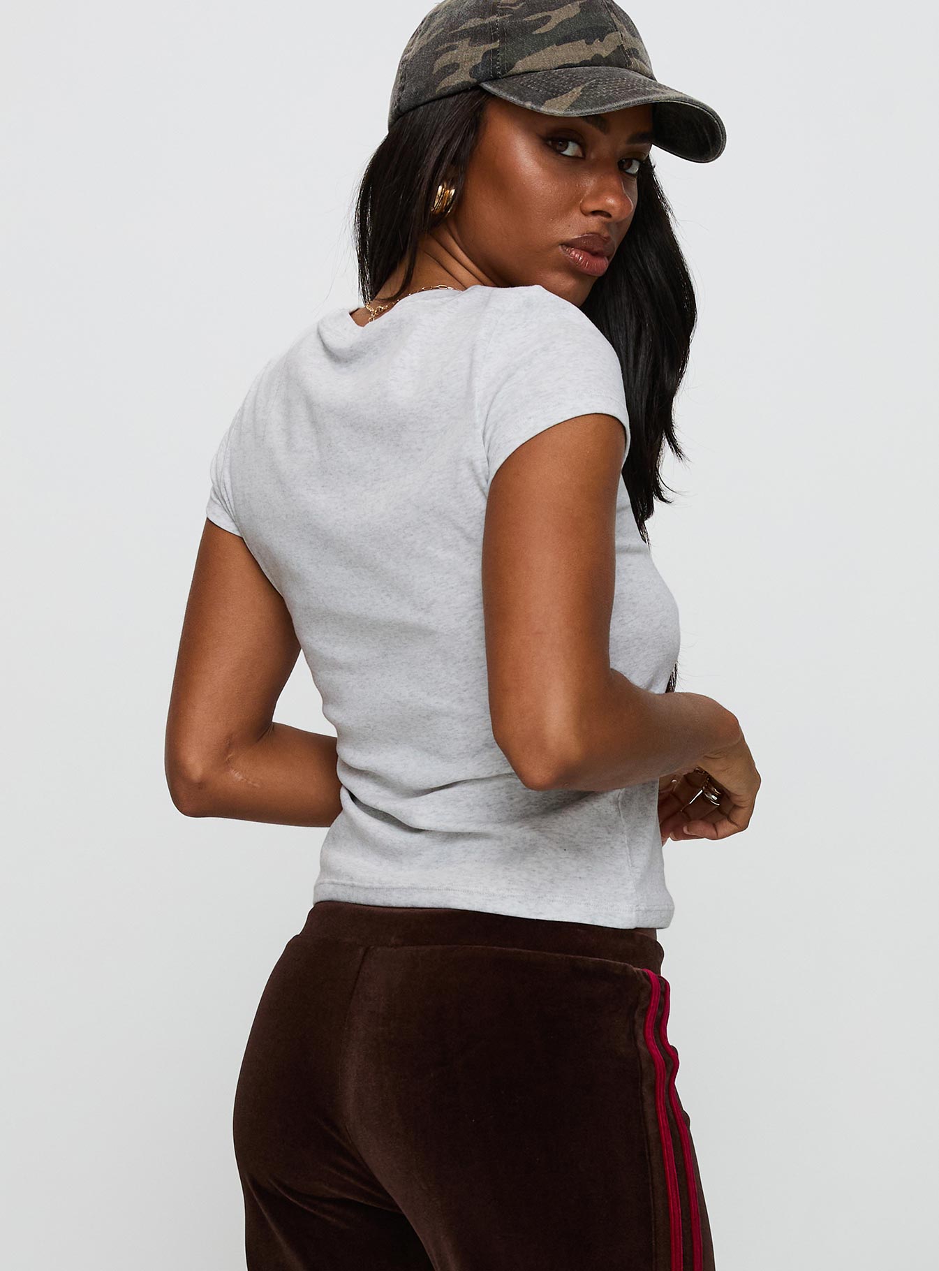 back view of model wearing Princess Polly Prestige Longline Baby Tee Grey Short Sleeves Crew Neck 