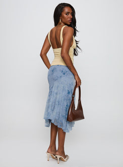 back view of model wearing Princess Polly Summer Rain Asymmetrical Midi Skirt Blue Midi Skirts 