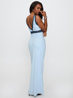 side view of model wearing Princess Polly Maelene Maxi Dress Blue V-Neck 