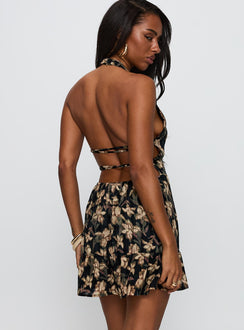 back view of model wearing Princess Polly Ivorie Halter Mini Dress Multi V-Neck 