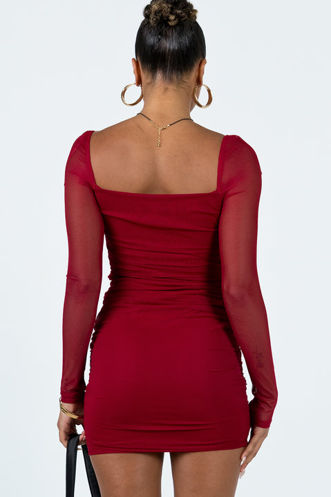 back view of model wearing Princess Polly Charvi Long Sleeve Mini Dress Burgundy Petite Square Neck 