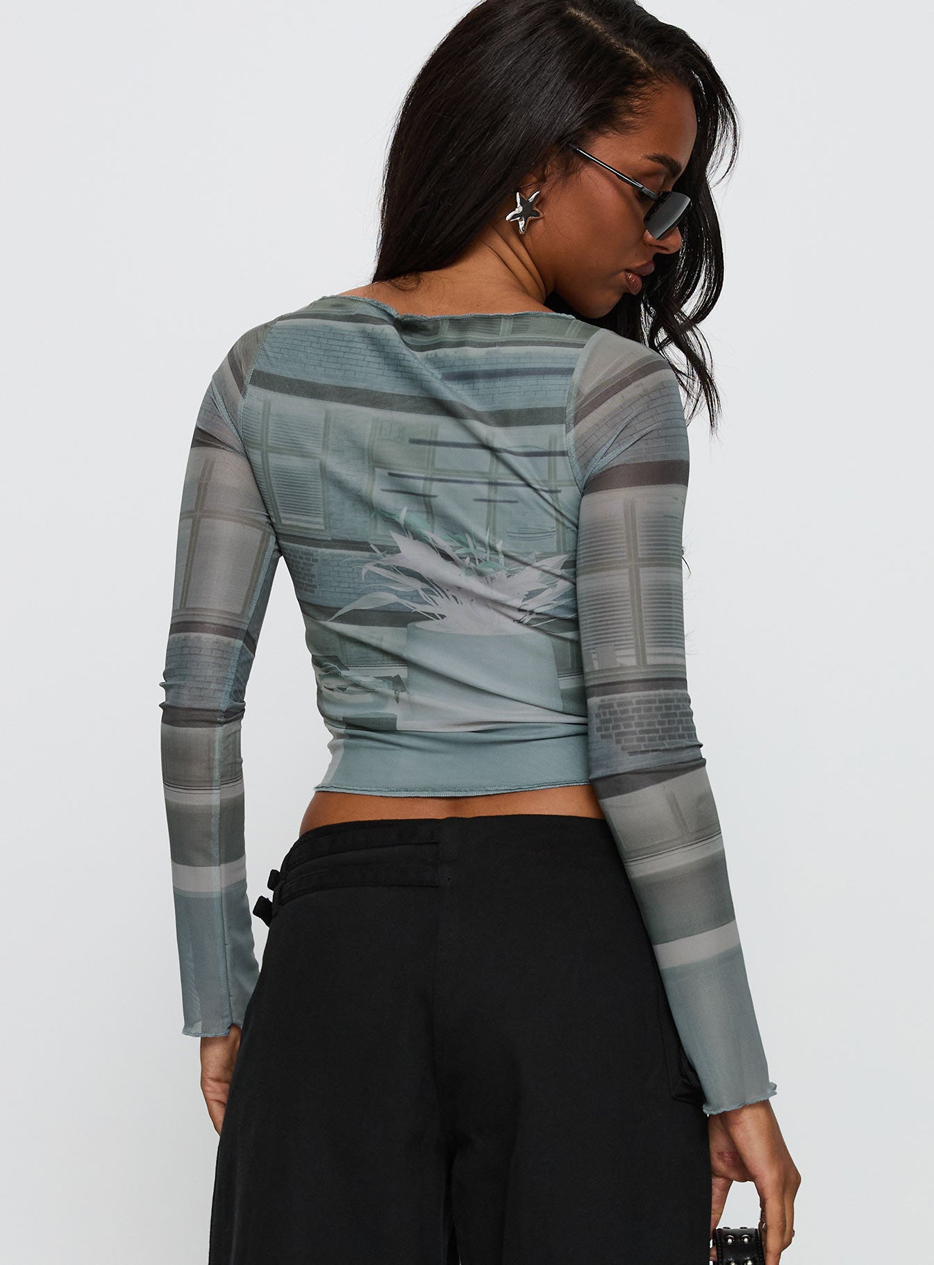 back view of model wearing Princess Polly Armali Top Multi Full Sleeves Boat Neck 