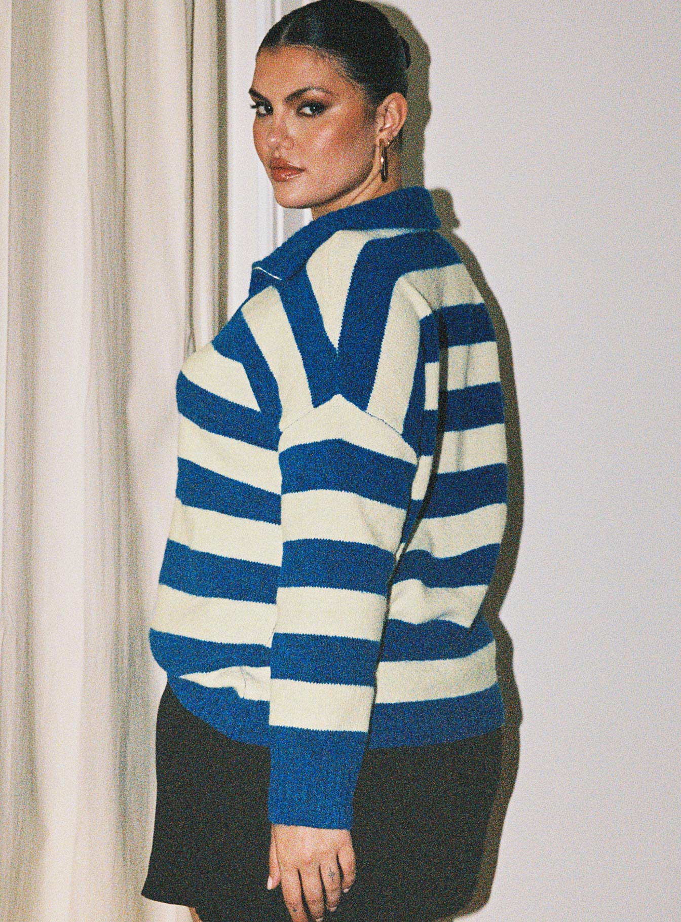 Neena Quarter Zip Sweater Blue / Cream Curve Princess Polly  long 