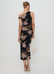 back view of model wearing Princess Polly Goldrush Maxi Dress Black Floral Asymmetric Neckline 