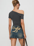 back view of model wearing Princess Polly Ribbon Stamp Mini Skirt Antique Wash Mini Skirts 