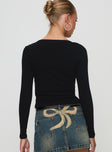 back view of model wearing Princess Polly Daphine Long Sleeve Top Black Full Sleeves Scoop Neck 