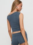 back view of model wearing Princess Polly Marigolde Cupro Top Blue Sleeveless Asymmetric Neckline 