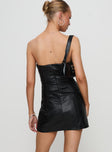 back view of model wearing Princess Polly Hotline Faux Leather Mini Dress Black Sweetheart Neckline 