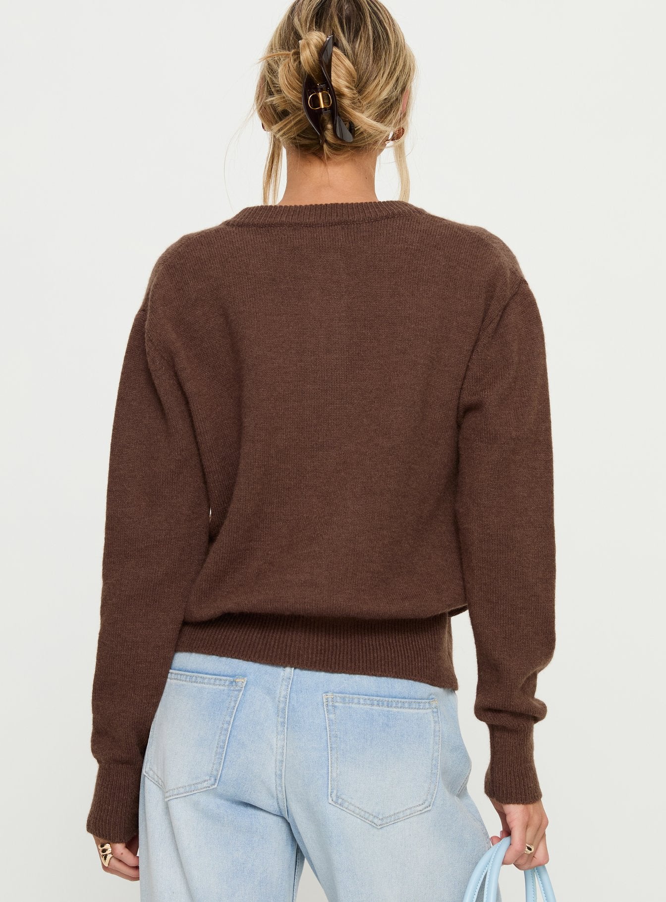 back view of model wearing Princess Polly Melancholia Cardigan Chocolate Longline Jumpers 