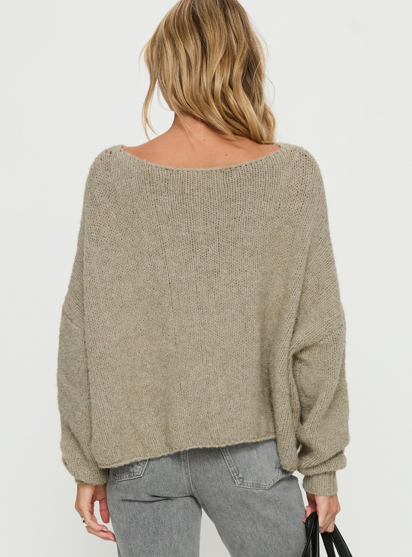 back view of model wearing Princess Polly Ramy Wide Neck Knit Sweater Olive Cropped Jumpers 