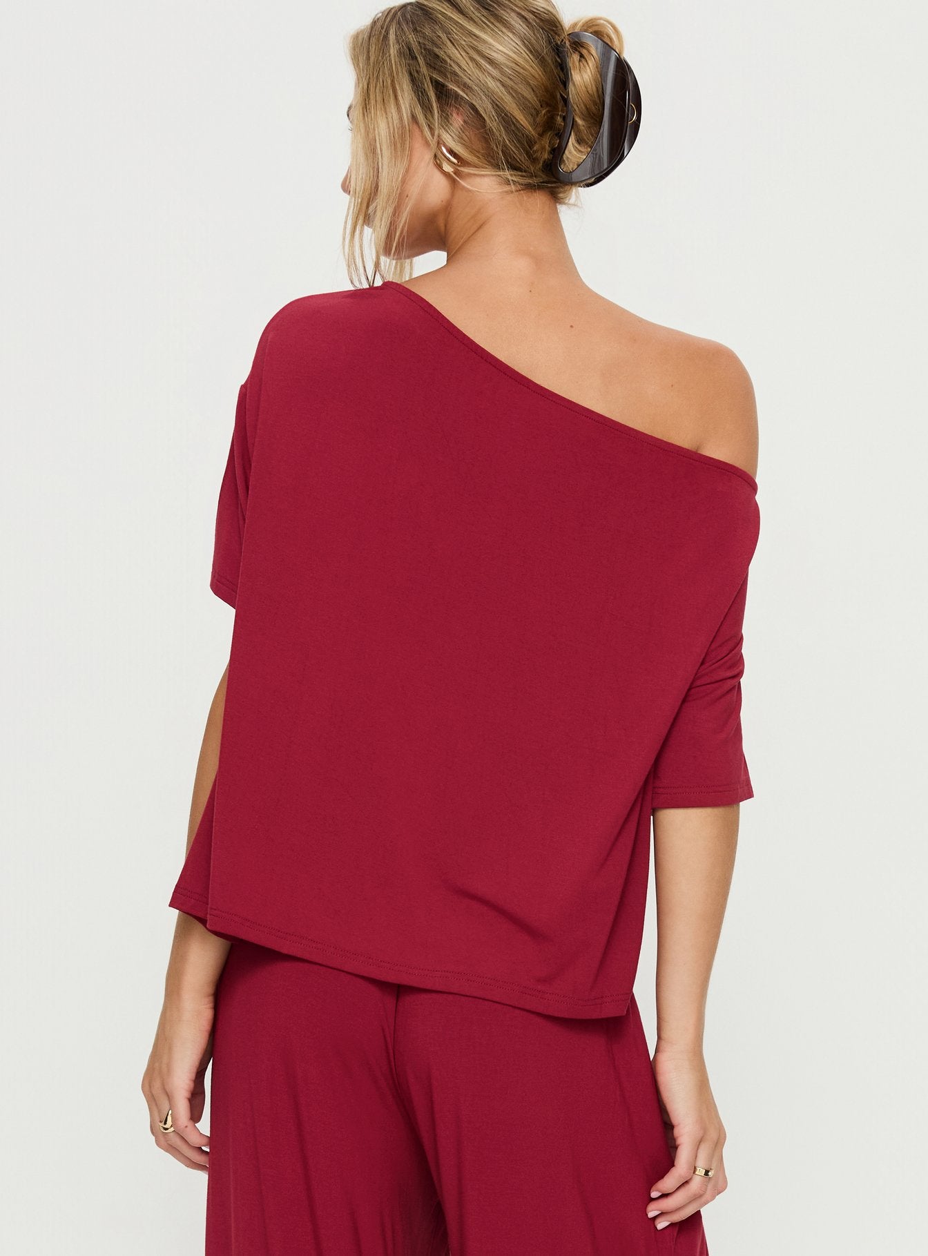 Cozy Hour Sleep Relaxed Off Shoulder Top Red