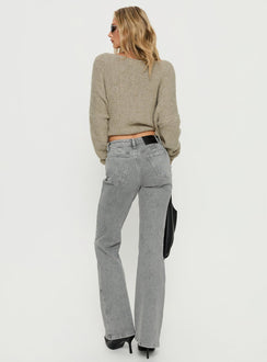 back view of model wearing Princess Polly Magic Mirror Mid Rise Bootleg Jeans Washed Grey Mid Rise Jeans 