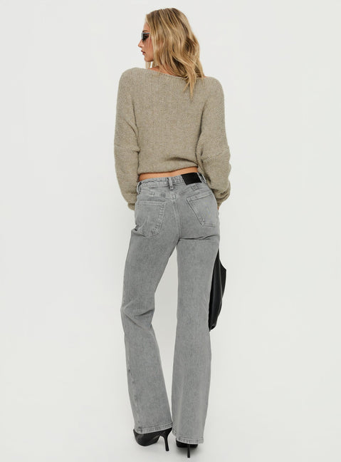 back view of model wearing Princess Polly Magic Mirror Mid Rise Bootleg Jeans Washed Grey Mid Rise Jeans 