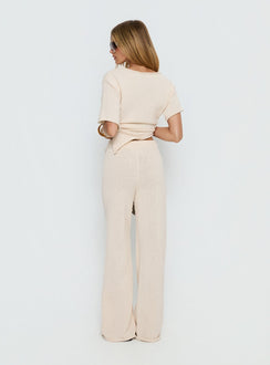 back view of model wearing Princess Polly Calisse Knit Wide Leg Pants Beige High Rise Pants 
