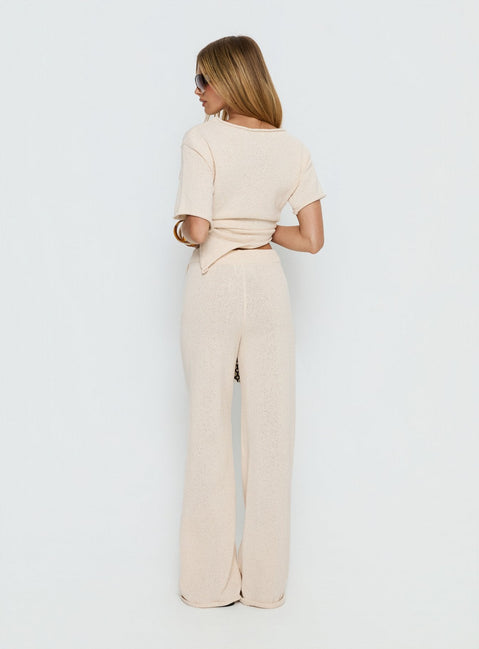 back view of model wearing Princess Polly Calisse Knit Wide Leg Pants Beige High Rise Pants 