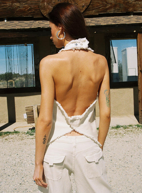 back view of model wearing Princess Polly Shade Halter Top Cream Sleeveless Plunger 