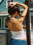 back view of model wearing Princess Polly Moderna Halter Lace Top White Sleeveless Plunger 