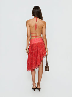 back view of model wearing Princess Polly Legacy Midi Skirt Tomato Polka 