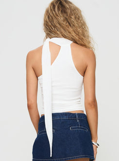 back view of model wearing Princess Polly Anderstone Neck Tie Top White Sleeveless High Neck 
