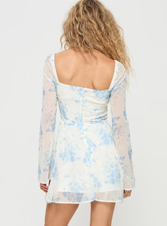 back view of model wearing Princess Polly Robertstone Long Sleeve Mini Dress White / Blue Floral Square Neck 