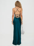 Green satin maxi Adjustable shoulder straps, lace up back with tie fastening