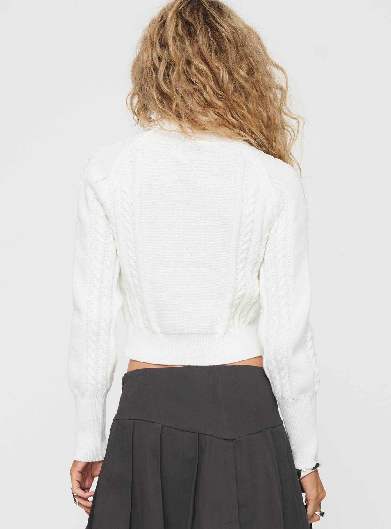 back view of model wearing Princess Polly Whole Love Cable Knit Turtleneck Sweater Cream Cropped 