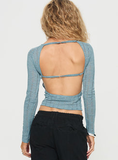 back view of model wearing Princess Polly Oriton Long Sleeve Top Blue Full Sleeves Crew Neck 