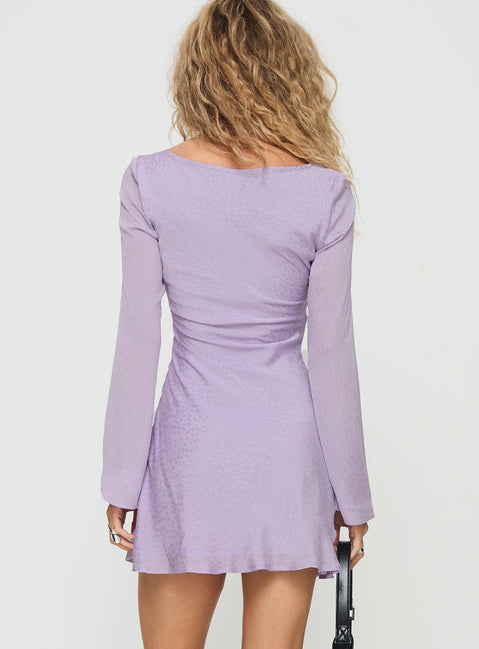 back view of model wearing Princess Polly Sorrento Long Sleeve Mini Dress Purple Scoop Neck 