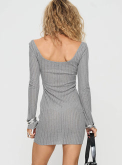 back view of model wearing Princess Polly Tomas Long Sleeve Mini Dress Grey Square Neck 