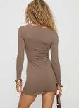 back view of model wearing Princess Polly Lex Long Sleeve Mini Dress Olive Crew Neck 