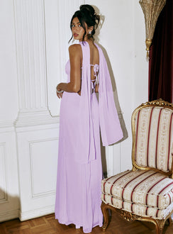 side view of model wearing Princess Polly Jadira Scarf Maxi Dress Purple Plunger 
