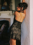 back view of model wearing Princess Polly Sonella Lace Halter Mini Dress Black Plunger 