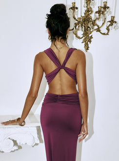 back view of model wearing Princess Polly Bambia Maxi Dress Purple Plunger 