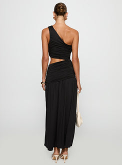 back view of model wearing Princess Polly Magnetize Ruched Maxi Dress Black Asymmetric Neckline 