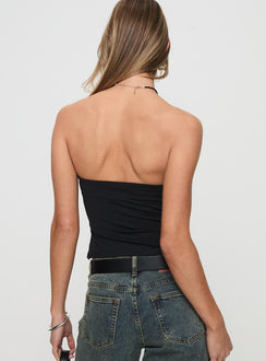 back view of model wearing Princess Polly Aurorah Strapless Top Black Sleeveless straight 