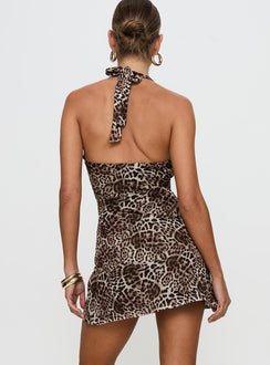 back view of model wearing Princess Polly Vestaire Halter Mini Dress Leopard Plunger 