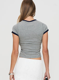 back view of model wearing Princess Polly Paris France Tee Grey Short Sleeves V-Neck 