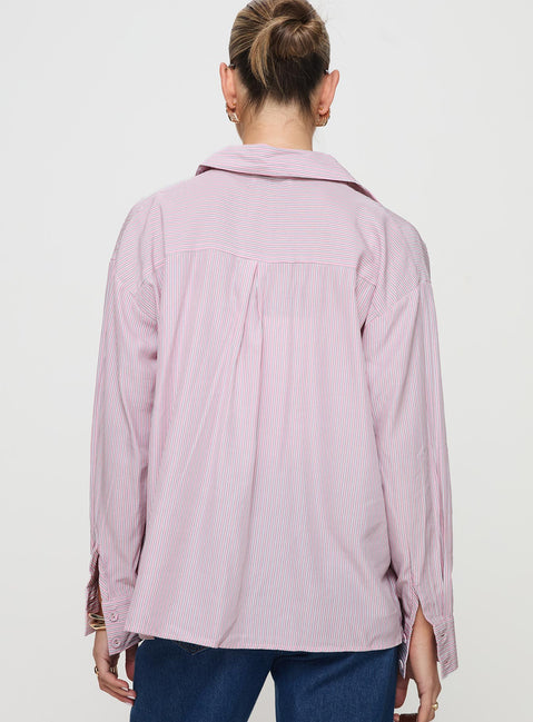 back view of model wearing Princess Polly Wild Promise Top Pink Stripe Full Sleeves V-Neck 