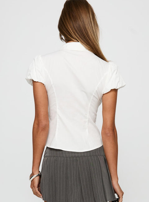 back view of model wearing Princess Polly Academia Puff Sleeve Top White Short Sleeves V-Neck 