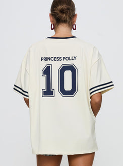 back view of model wearing Princess Polly Cornwall Football Jersey Cream Half Sleeves Crew Neck 