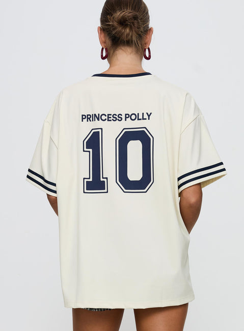 back view of model wearing Princess Polly Cornwall Football Jersey Cream Half Sleeves Crew Neck 