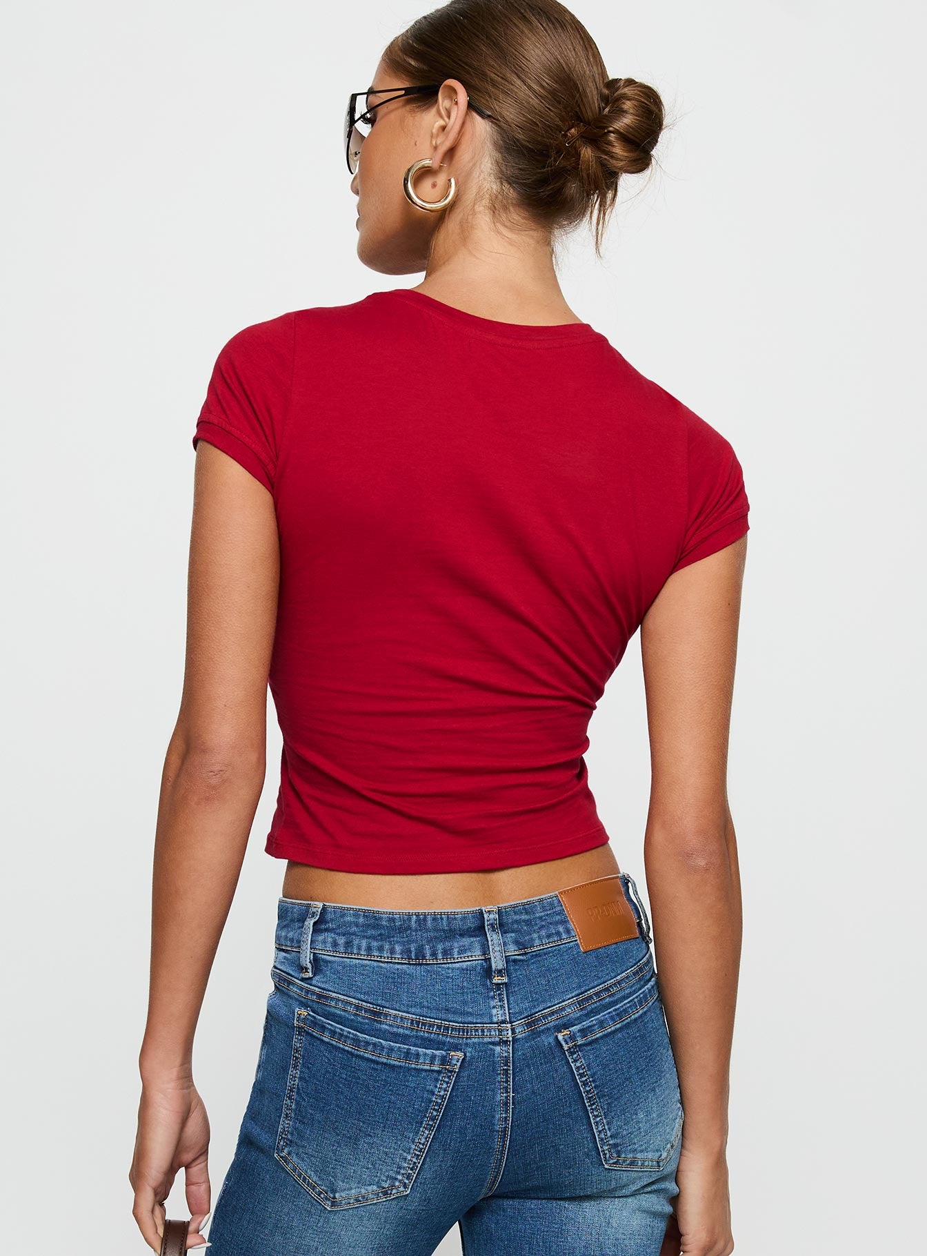 back view of model wearing Princess Polly Sutin Tee Red Short Sleeves Crew Neck 
