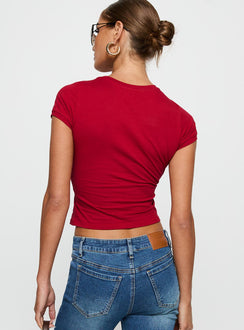 back view of model wearing Princess Polly Sutin Tee Red Short Sleeves Crew Neck 