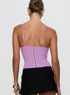 back view of model wearing Princess Polly Sculpture Top Lilac Sleeveless Plunger 