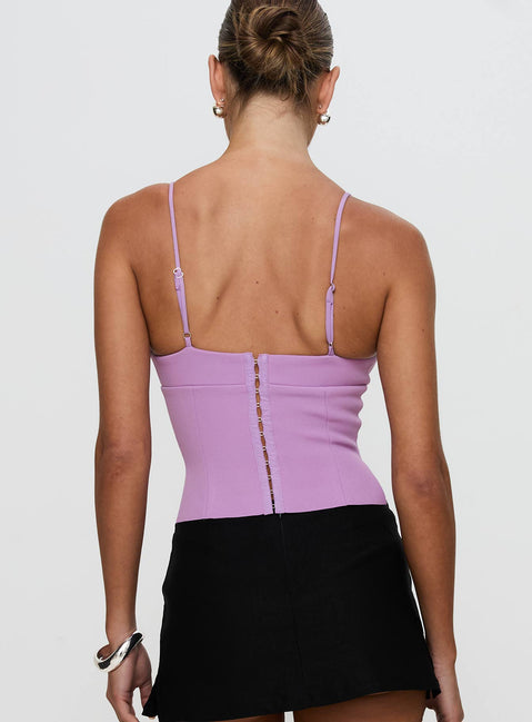 back view of model wearing Princess Polly Sculpture Top Lilac Sleeveless Plunger 