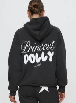 back view of model wearing Princess Polly Princess Polly Hooded Sweatshirt Bubble Script Grey 