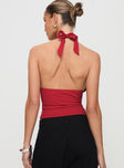 back view of model wearing Princess Polly Whimsy Halter Top Red Sleeveless Plunger 