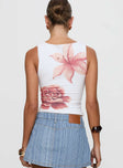 back view of model wearing Princess Polly Pegasus Boat Neck Top White Floral Sleeveless Crew Neck 