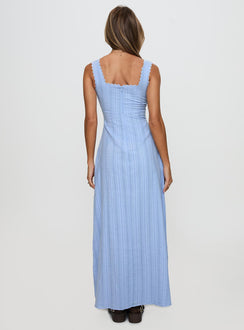back view of model wearing Princess Polly Dasha Maxi Dress Blue Square Neck 