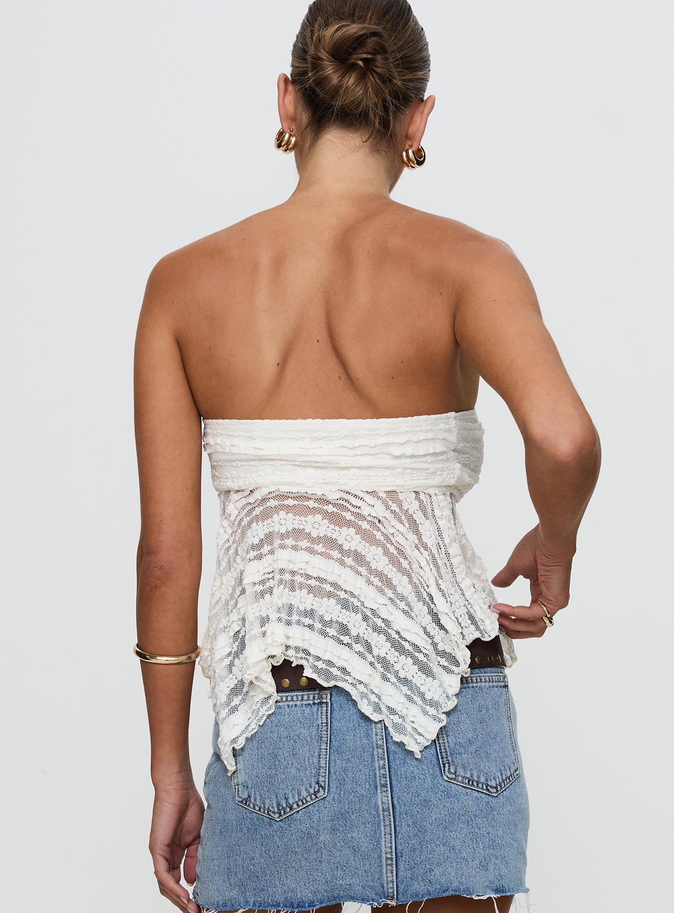 back view of model wearing Princess Polly You Were Right Strapless Textured Top Cream Sleeveless straight 